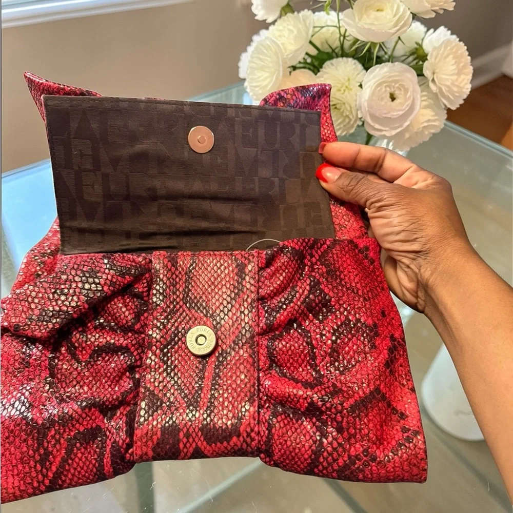 Furla EUC Red and Black Snake-Print Bow Clutch - Picture 7 of 11